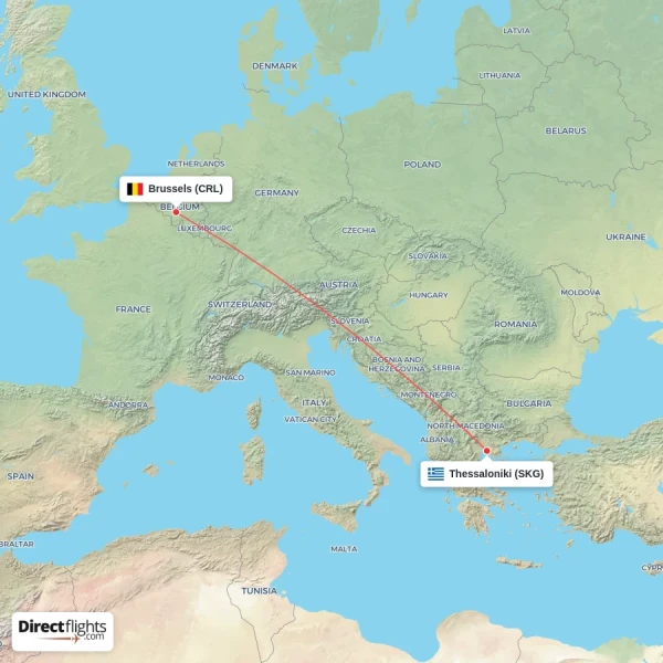 Brussels - Thessaloniki direct flight map