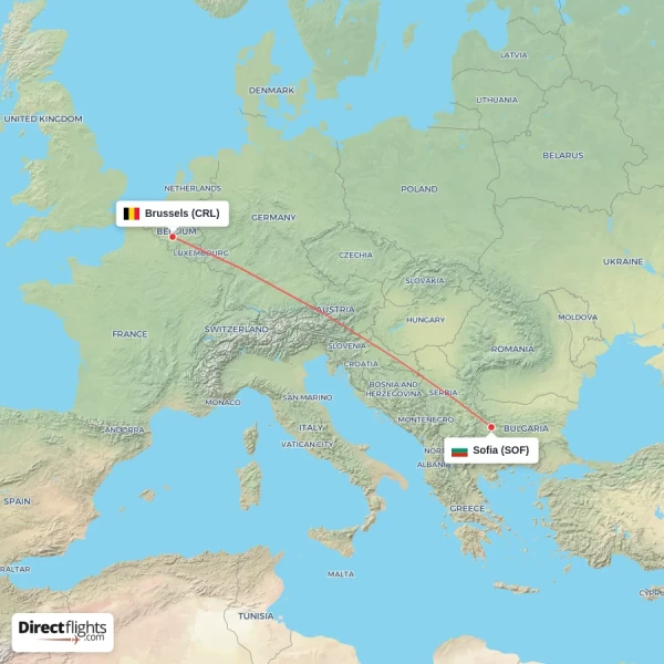 Brussels - Sofia direct flight map