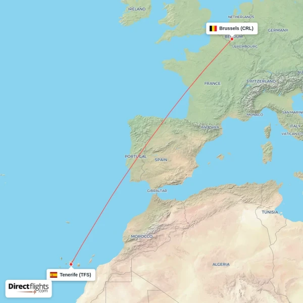 Brussels - Tenerife direct flight map