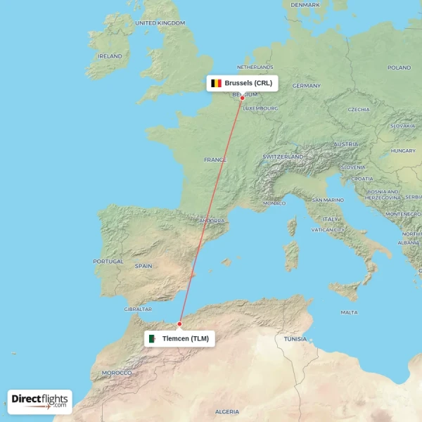 Brussels - Tlemcen direct flight map