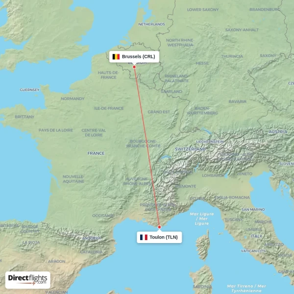 Brussels - Toulon direct flight map