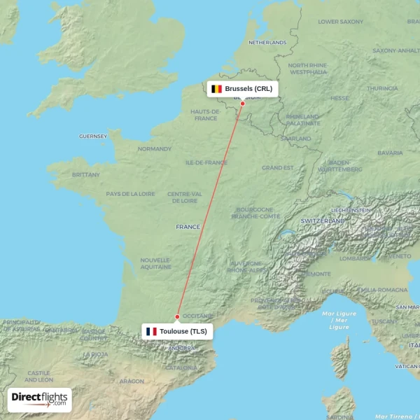 Brussels - Toulouse direct flight map