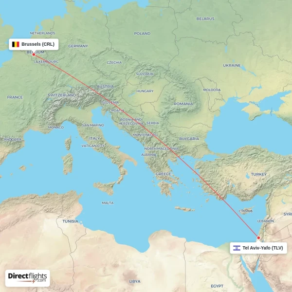 Brussels - Tel Aviv-Yafo direct flight map