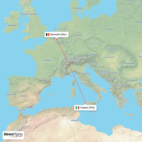 Brussels - Trapani direct flight map