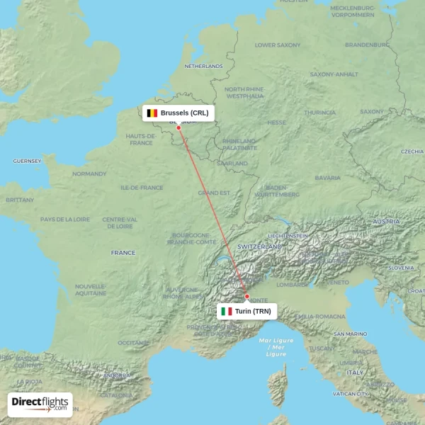 Brussels - Turin direct flight map