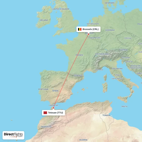 Brussels - Tetouan direct flight map