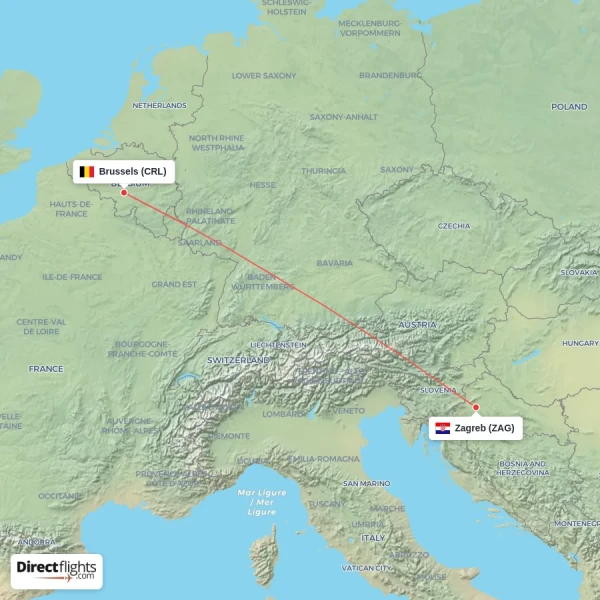 Brussels - Zagreb direct flight map