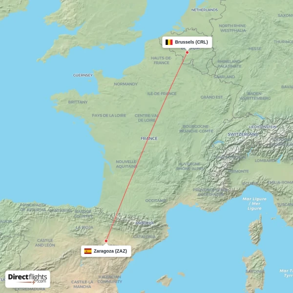Brussels - Zaragoza direct flight map