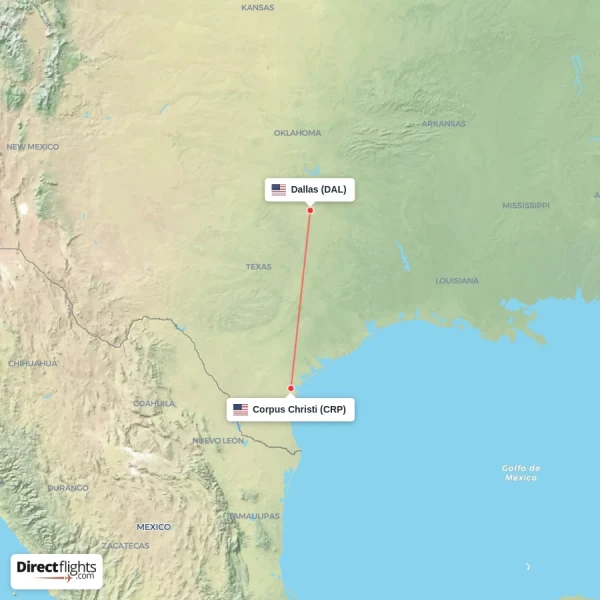 Corpus Christi - Dallas direct flight map