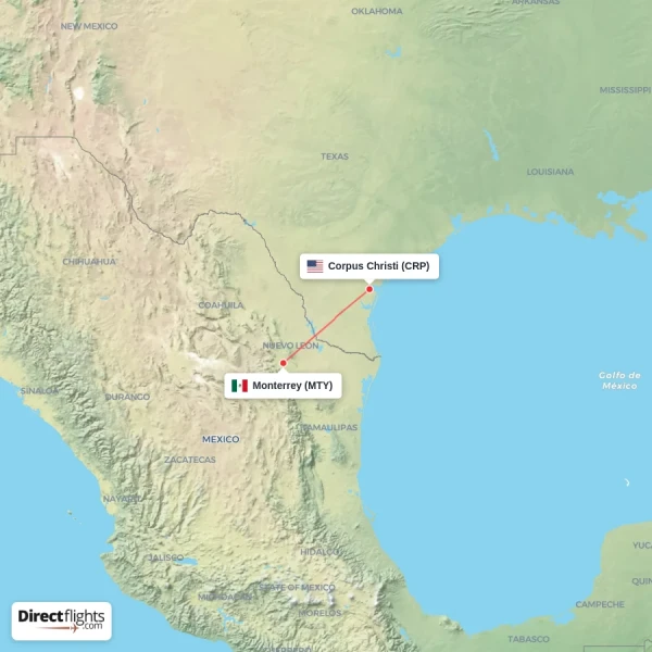 Corpus Christi - Monterrey direct flight map