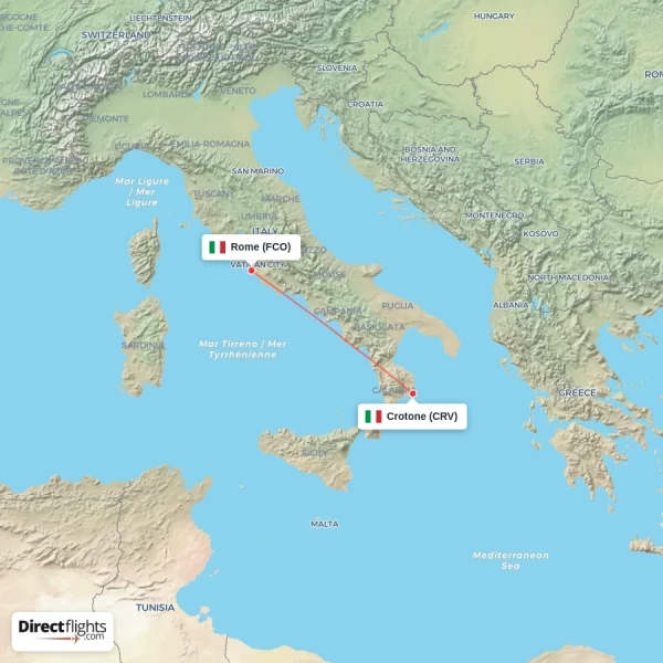 Crotone - Rome direct flight map