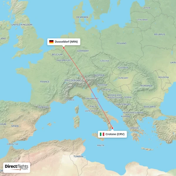 Crotone - Dusseldorf direct flight map