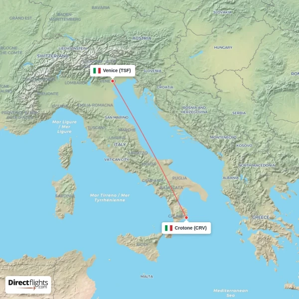 Crotone - Venice direct flight map