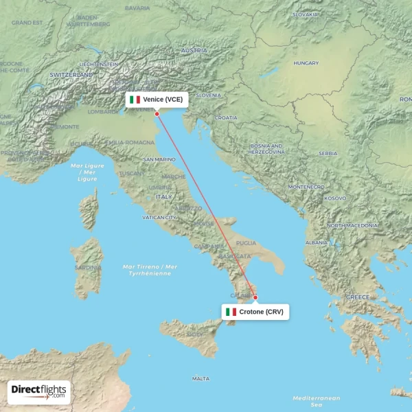 Crotone - Venice direct flight map