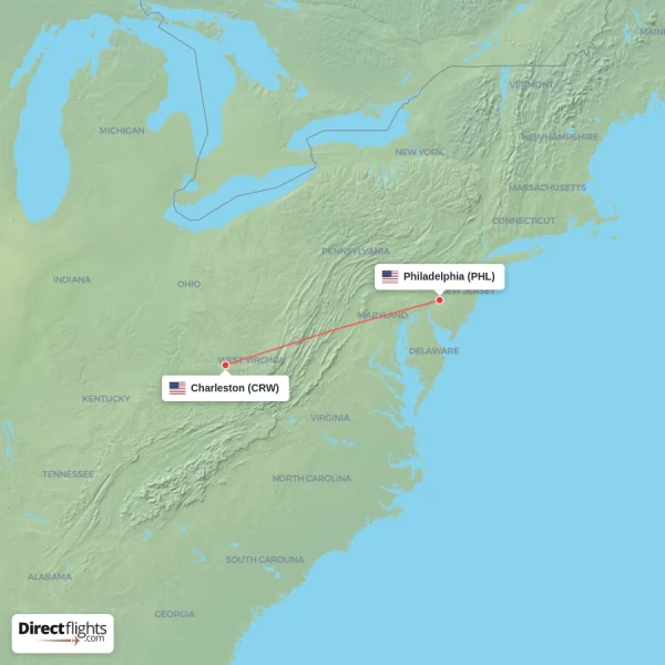 Charleston - Philadelphia direct flight map