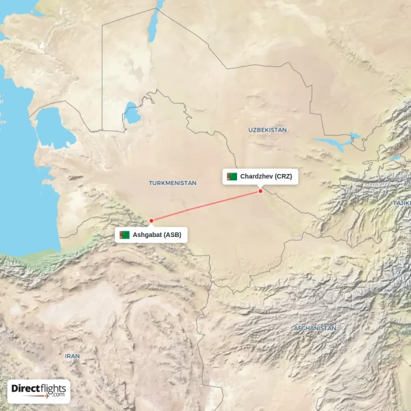 Chardzhev - Ashgabat direct flight map