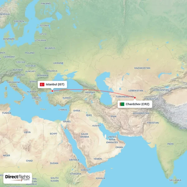 Chardzhev - Istanbul direct flight map