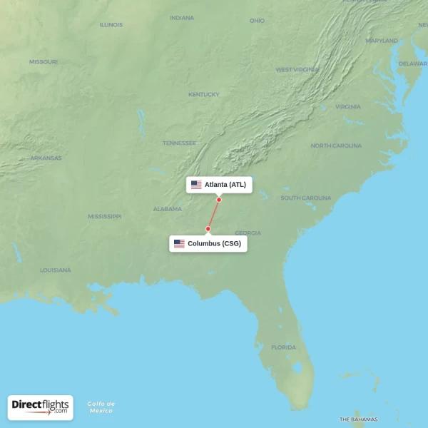 Columbus - Atlanta direct flight map