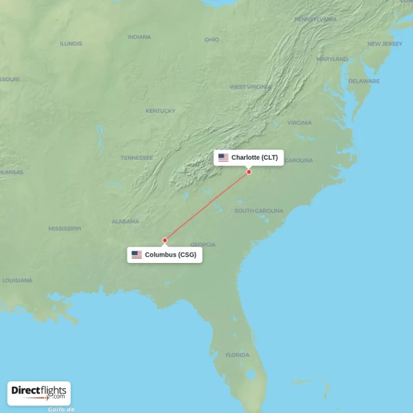 Columbus - Charlotte direct flight map