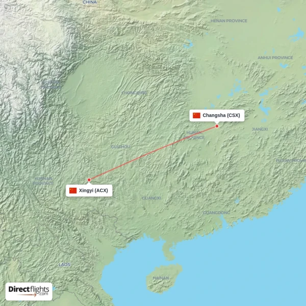 Changsha - Xingyi direct flight map