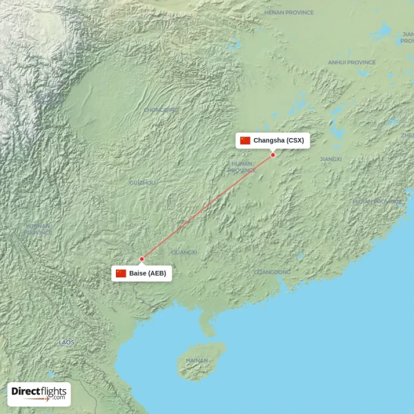 Changsha - Baise direct flight map