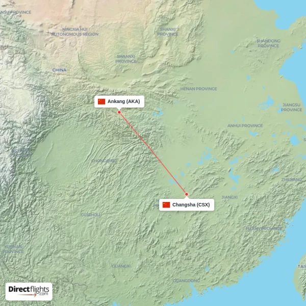 Changsha - Ankang direct flight map