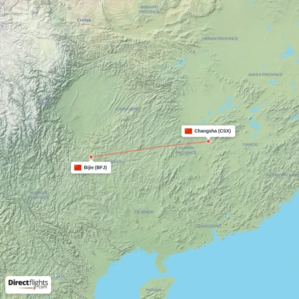 Changsha - Bijie direct flight map