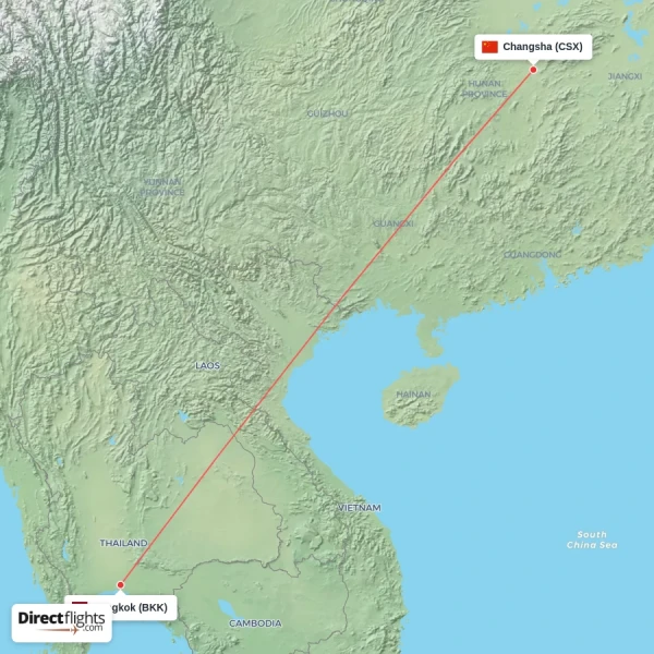 Changsha - Bangkok direct flight map