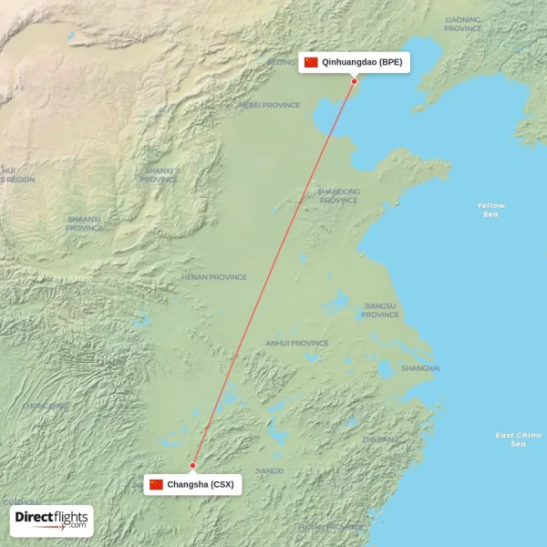 Changsha - Qinhuangdao direct flight map