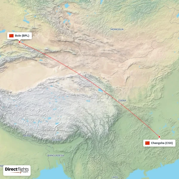 Changsha - Bole direct flight map