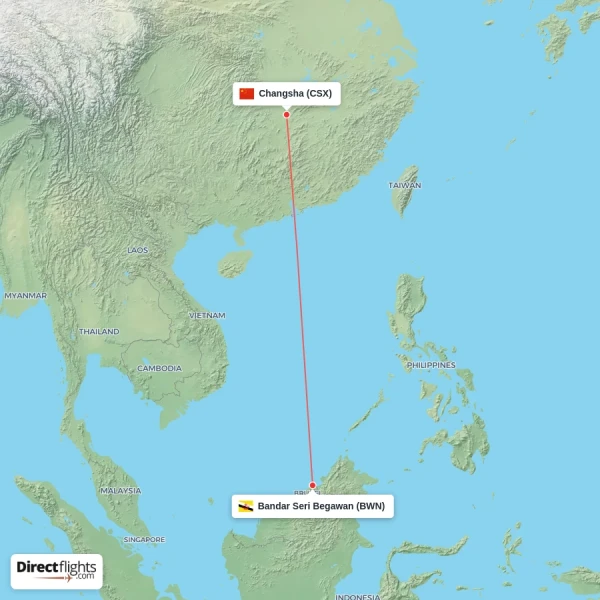 Changsha - Bandar Seri Begawan direct flight map