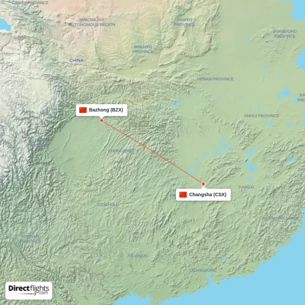 Changsha - Bazhong direct flight map