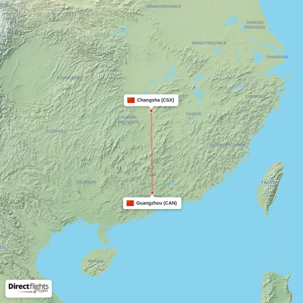 Changsha - Guangzhou direct flight map