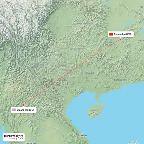Changsha - Chiang Rai direct flight map