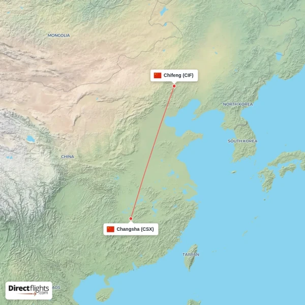 Changsha - Chifeng direct flight map