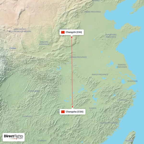 Changsha - Changzhi direct flight map