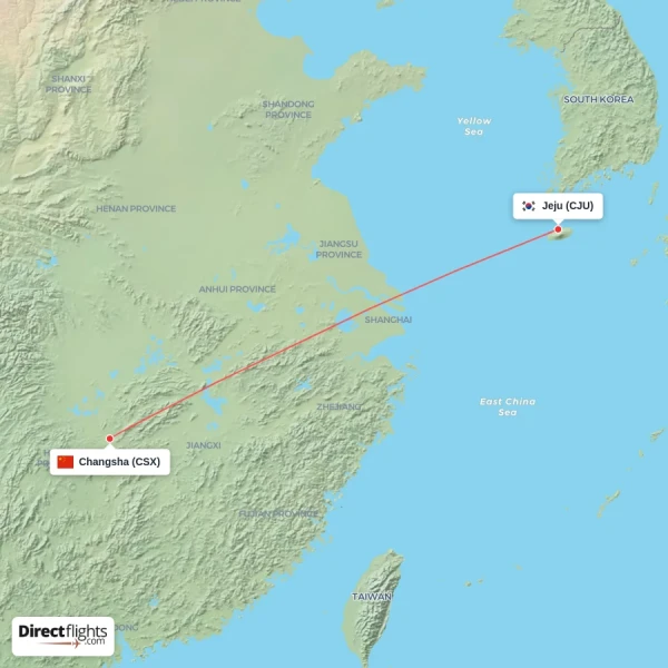 Changsha - Jeju direct flight map