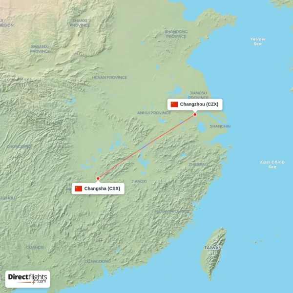 Changsha - Changzhou direct flight map