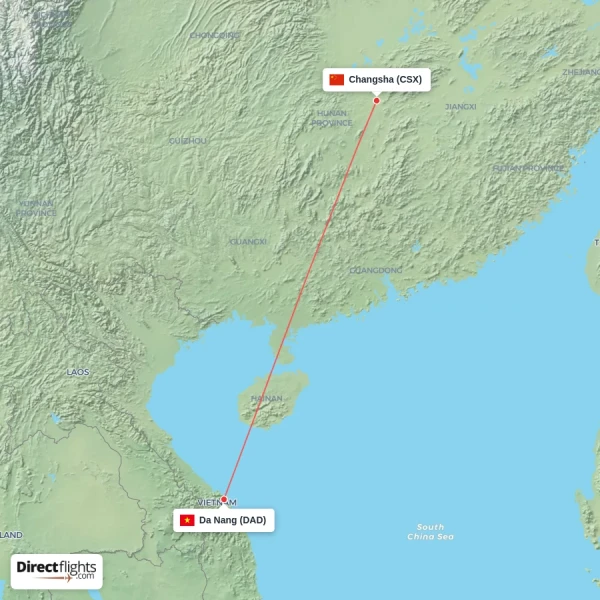 Changsha - Da Nang direct flight map