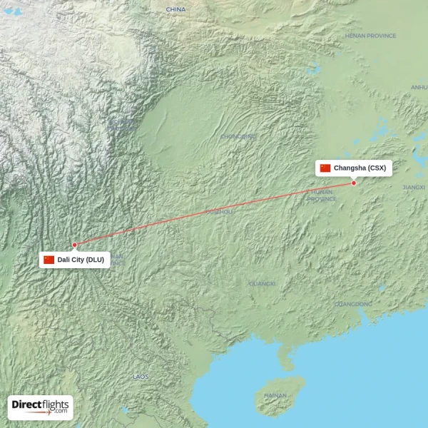 Changsha - Dali City direct flight map