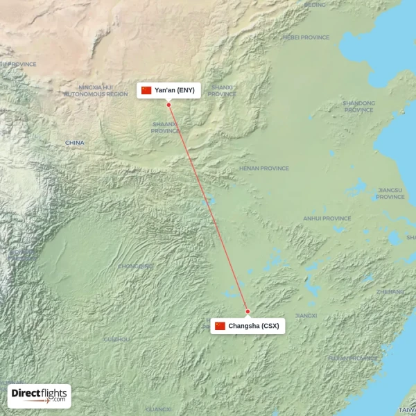 Changsha - Yan'an direct flight map
