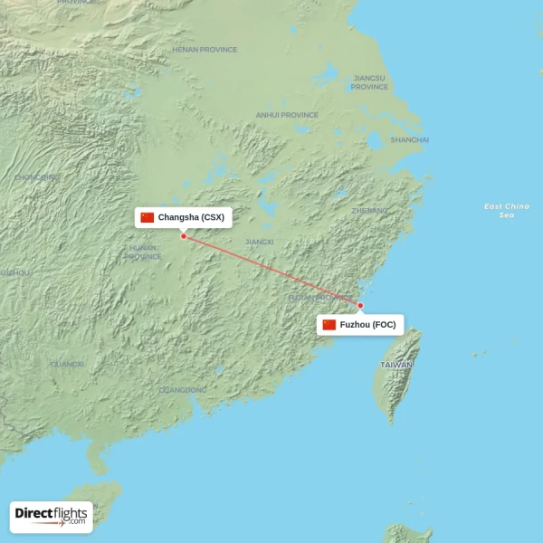 Changsha - Fuzhou direct flight map