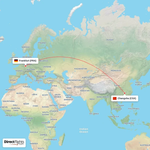 Changsha - Frankfurt direct flight map