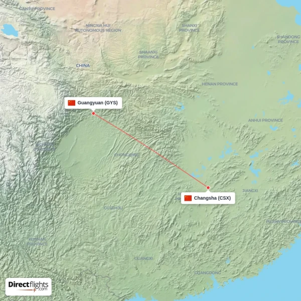 Changsha - Guangyuan direct flight map