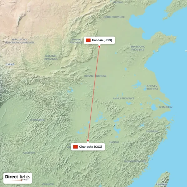 Changsha - Handan direct flight map