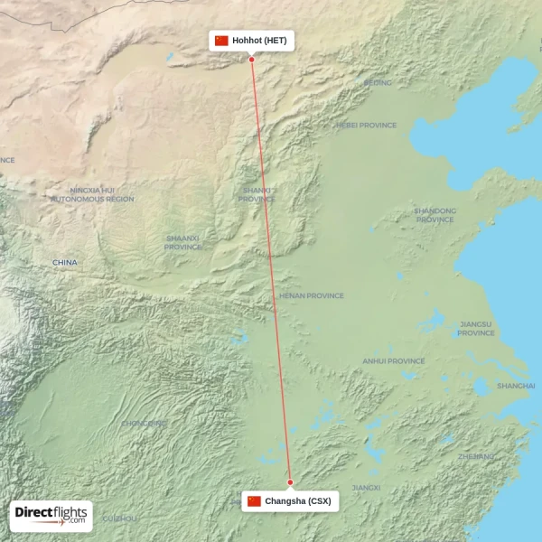 Changsha - Hohhot direct flight map