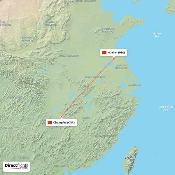 Changsha - Huai'an direct flight map