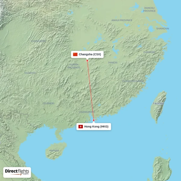 Changsha - Hong Kong direct flight map