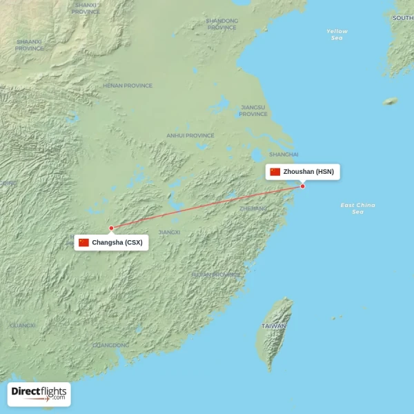 Changsha - Zhoushan direct flight map