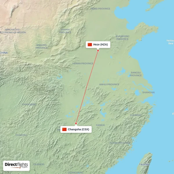 Changsha - Heze direct flight map